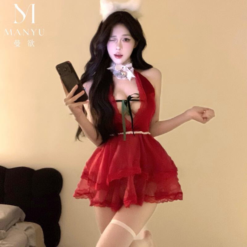 曼欲圣诞战袍合集新年派对性感制服cos兔女郎连衣裙套装 9416红色+红丝袜 均码【80-120斤】