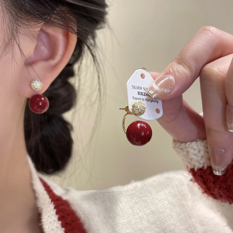 法式微镶锆石豆豆红色珍珠耳环耳钉女银针爆款小众设计气质耳饰 豆豆珍珠-香槟色