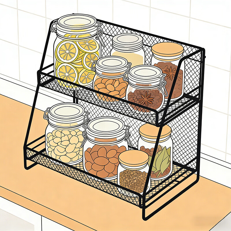 尔思家厨房置物架可伸缩多功能调料架台面多层收纳架台面葱姜蒜储物架 黑色中号（三层）-斜放款