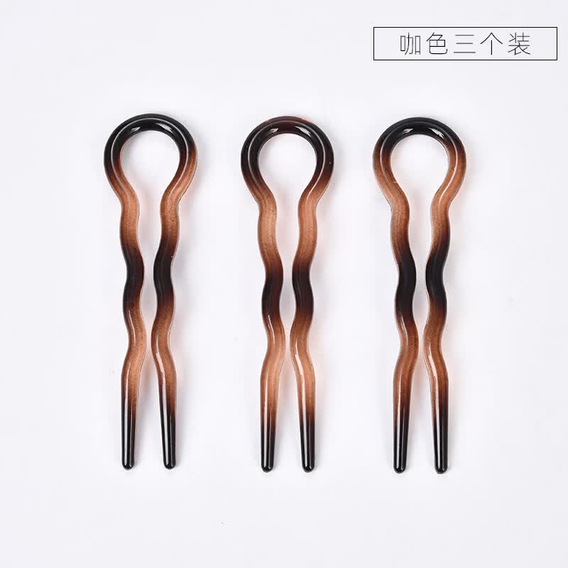 左欧（Zuoou）U型发夹醋酸法式慵懒丸子头盘发固定发插简约感插梳簪子U形夹 咖色三个装【章老师同款】
