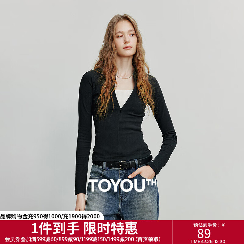 初语T恤女2025秋季新款远红外发热拉链半高领修身紧身复古上衣 黑色 L