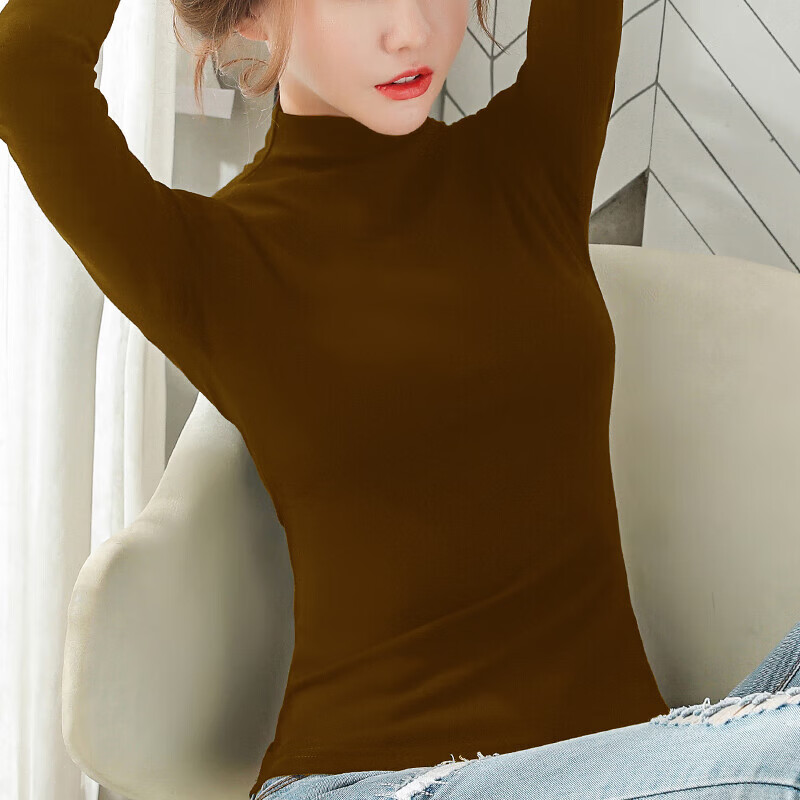 秋季小高领打底衫女新款春内搭体恤长袖t恤打底上衣女半高领8003 深棕色 XL 京东折扣/优惠券