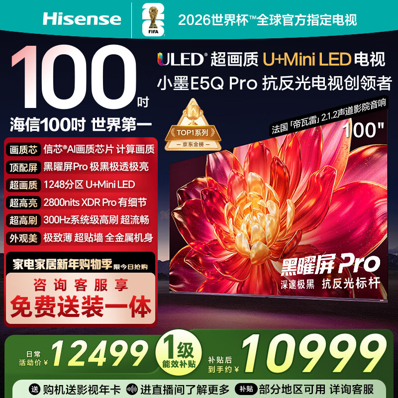 海信电视小墨E5Q Pro 100吋 1248分区U+MiniLED 信芯芯片极黑极透黑曜屏Pro国家补贴世界杯100E5Q-PRO