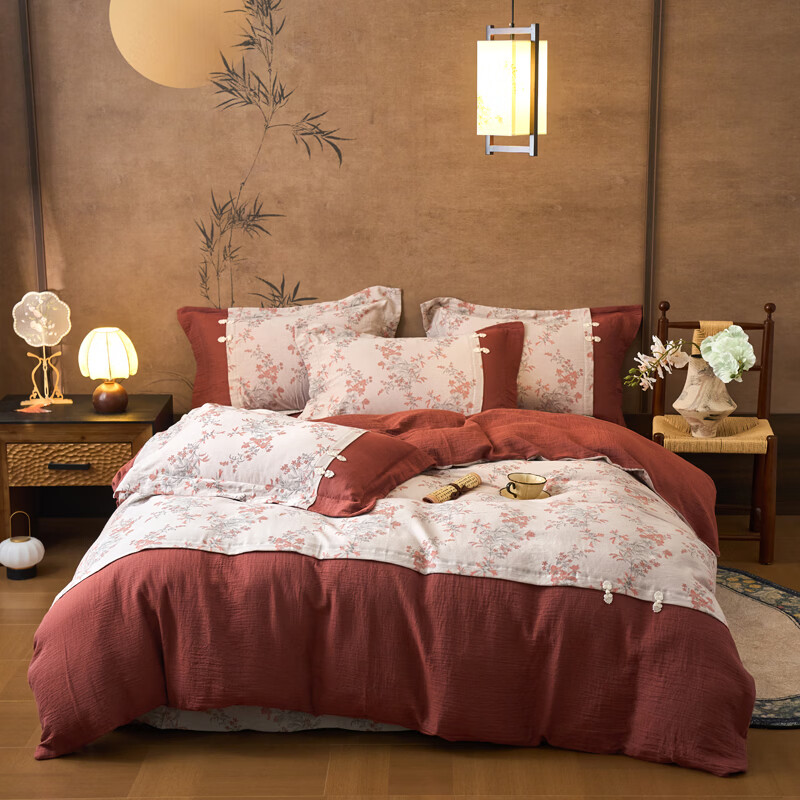 ROLAND LIVE全棉提花双层纱盘扣四件套国风被套床单单双人床透气床上用品 CW 全棉双层纱四件套-红蕊 1.5米床 床单款 【被套200*230cm】