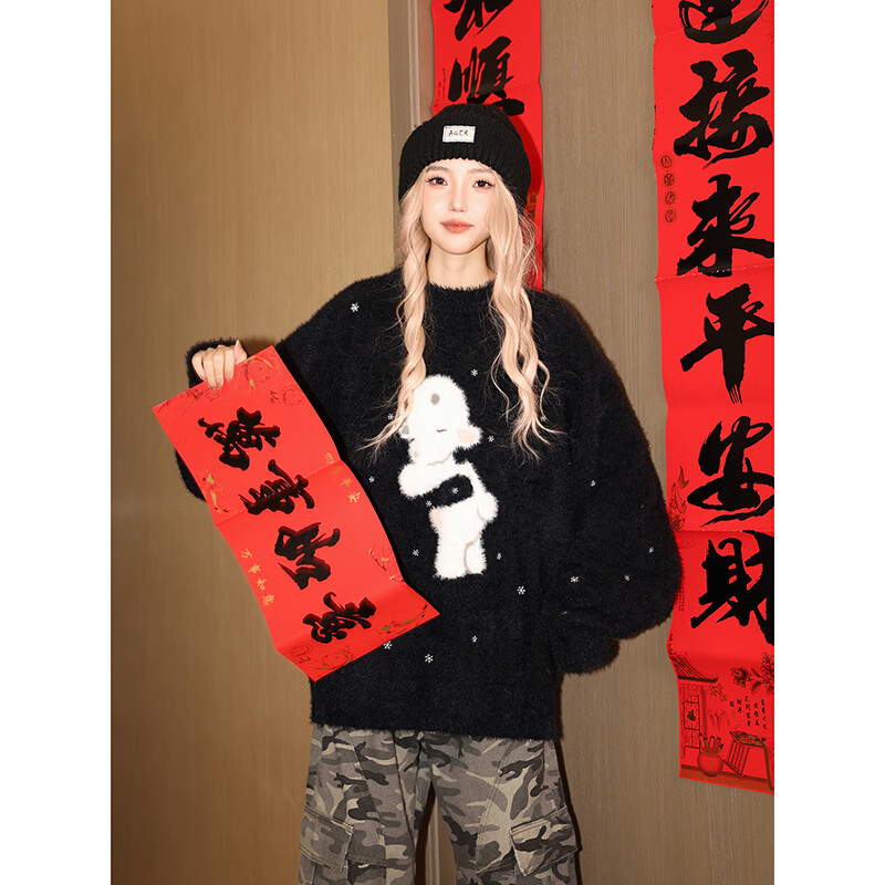 MANYSTON【拥抱星空】新年美式情侣款圆领毛衣男款冬季保暖针织衫上衣 黑色 S