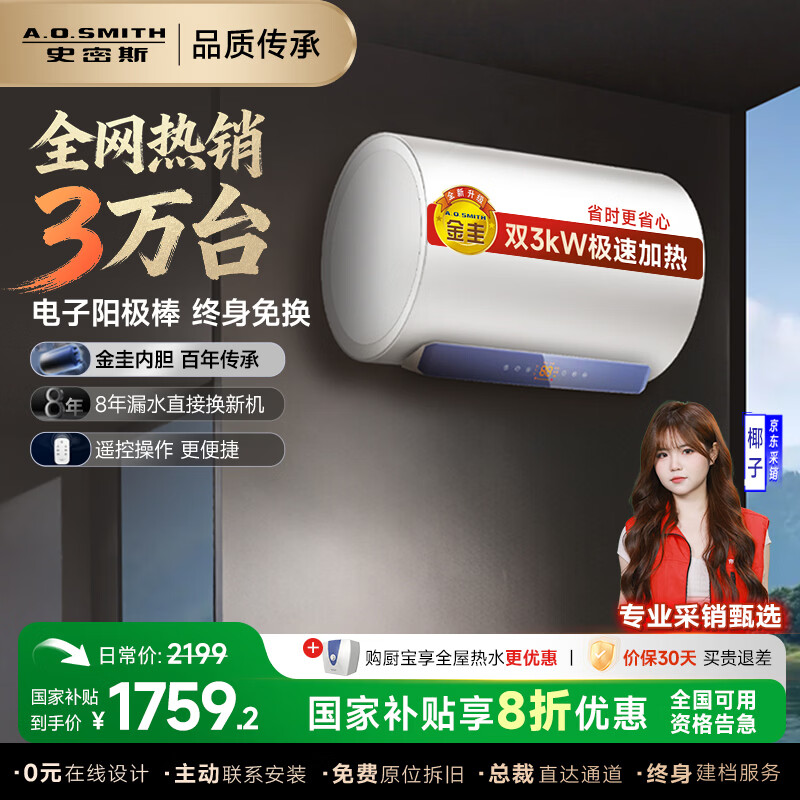 史密斯（A.O.SMITH）佳尼特电热水器 家电国家补贴 免换镁棒 双3kW速热 无线遥控 储水式家用洗澡 一级能效JC1 60L 3000W 短款