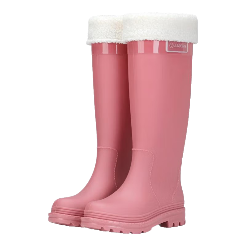 雨鞋女款成人高筒雨靴防滑水鞋长筒防水防臭加绒水靴 粉色+棉套 M （37-38） 24CM