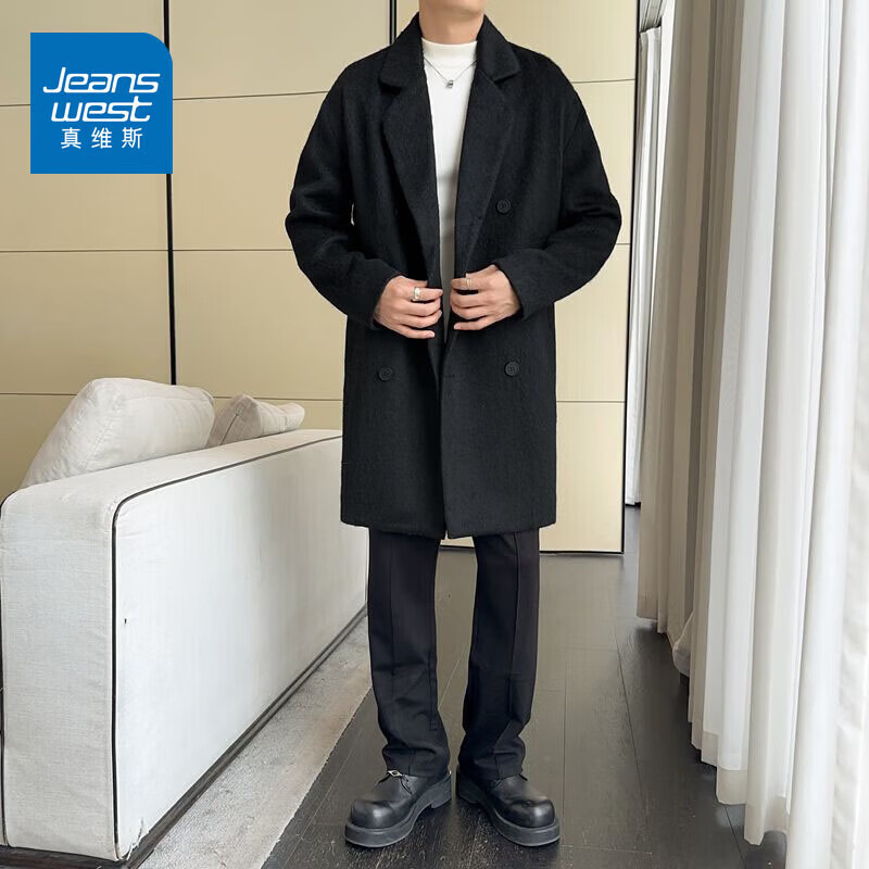 真维斯（Jeanswest）美式复古仿羊绒大衣男款春秋季潮牌宽松休闲百搭中长款外套潮 黑色 M