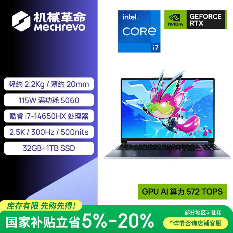 机械革命【国家补贴】极光X 潮玩版 酷睿i7HX 游戏本笔记本电脑(i7-14650HX 32G 1T RTX5060 300Hz 灰)
