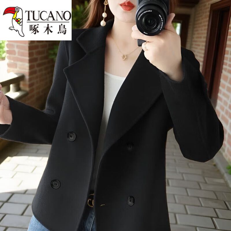 啄木鸟（TUCANO）短款毛呢大衣2025小个子秋季外套呢料双排扣女士秋冬外套毛呢大衣 咖色【没有口袋】 2XL 120-135斤