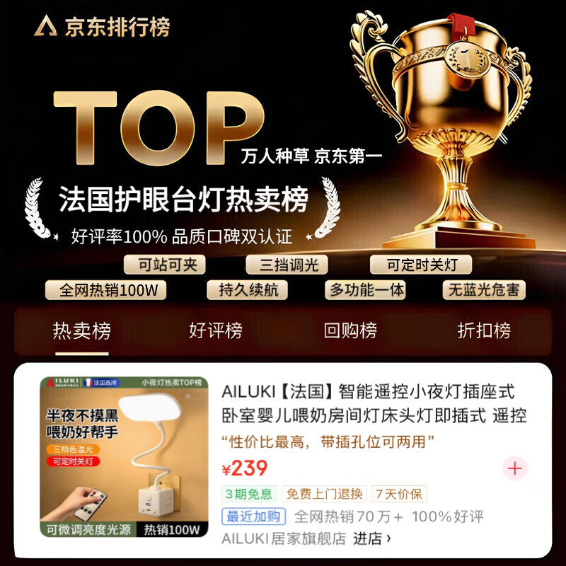 AILUKI【法国】智能遥控小夜灯插座式卧室婴儿喂奶房间灯床头灯即插遥控 遥控尊享版【大灯头】
