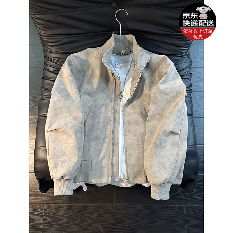 轩森图（XUANSENTU）美式雾面扎染羊羔绒外套男款冬季加绒厚夹克棉服立领PU皮机车棉衣 浅灰色【夹克款】 L