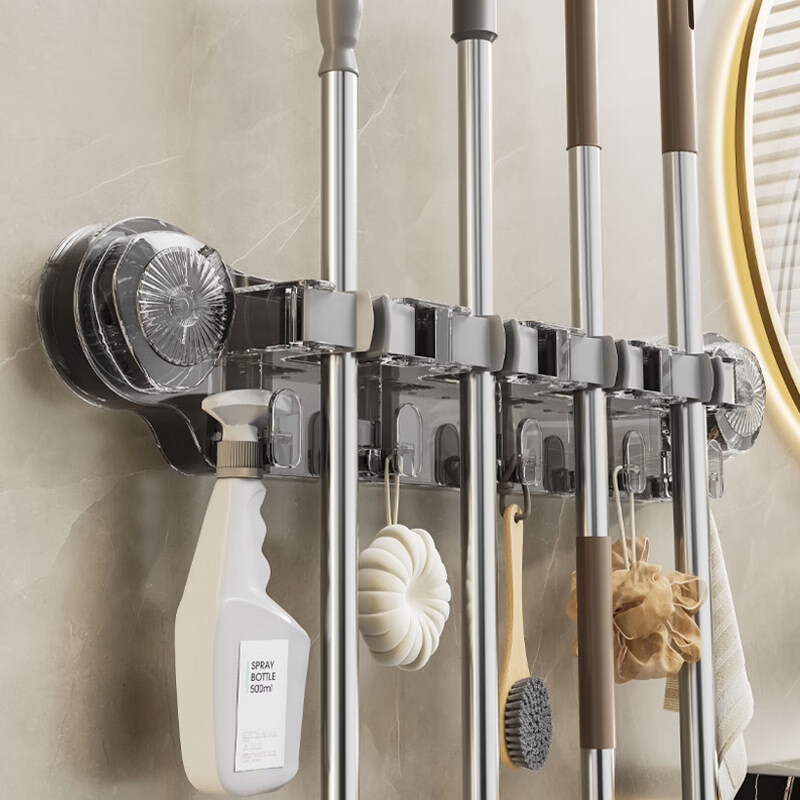 馨婺家吸盘拖把壁挂夹挂钩卫生间拖布夹收纳神器浴室门后强力扫把固定架 灰色-单夹两钩【强力吸盘】小号