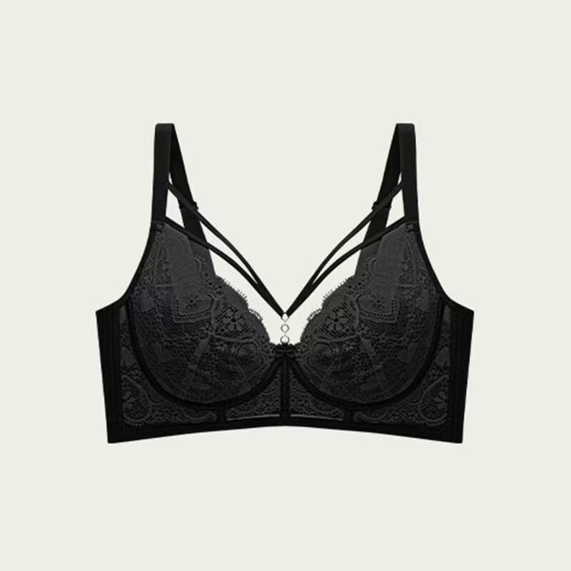 超薄文胸免耳杯大胸显小性感纯欲撞色蕾丝聚拢上托防下垂文胸内衣 米色+浅灰 （水晶蓝色） 95B 42/95B