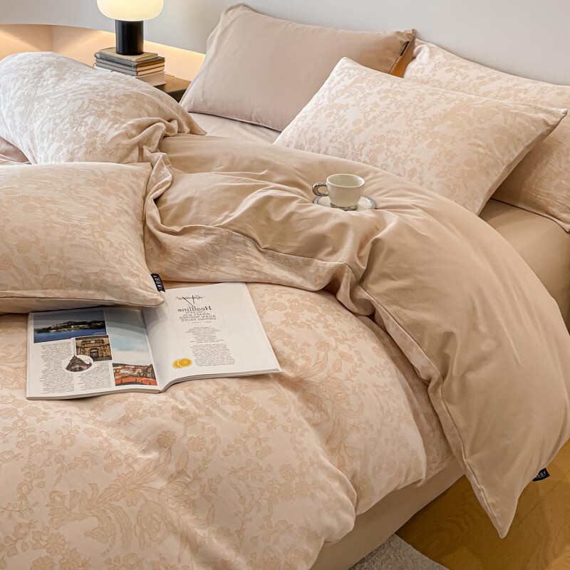 水星家纺床上四件套纯棉磨毛被套被罩加厚床单笠款三件套轻奢床品 韵绣 床笠款 1.8m四件套