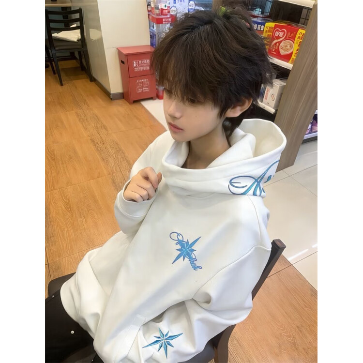 凯普蒂国潮牌帽子北极星刺绣连帽卫衣男女秋冬季加绒美式复古情侣外套 白色蓝 M (155/80-100斤)