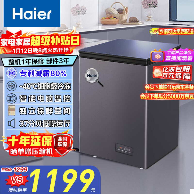 海尔（Haier）100升单温冰柜家用京东自营小冰箱小型冷柜-40度超低速冻智能电子温控BC/BD-100GHEPGD