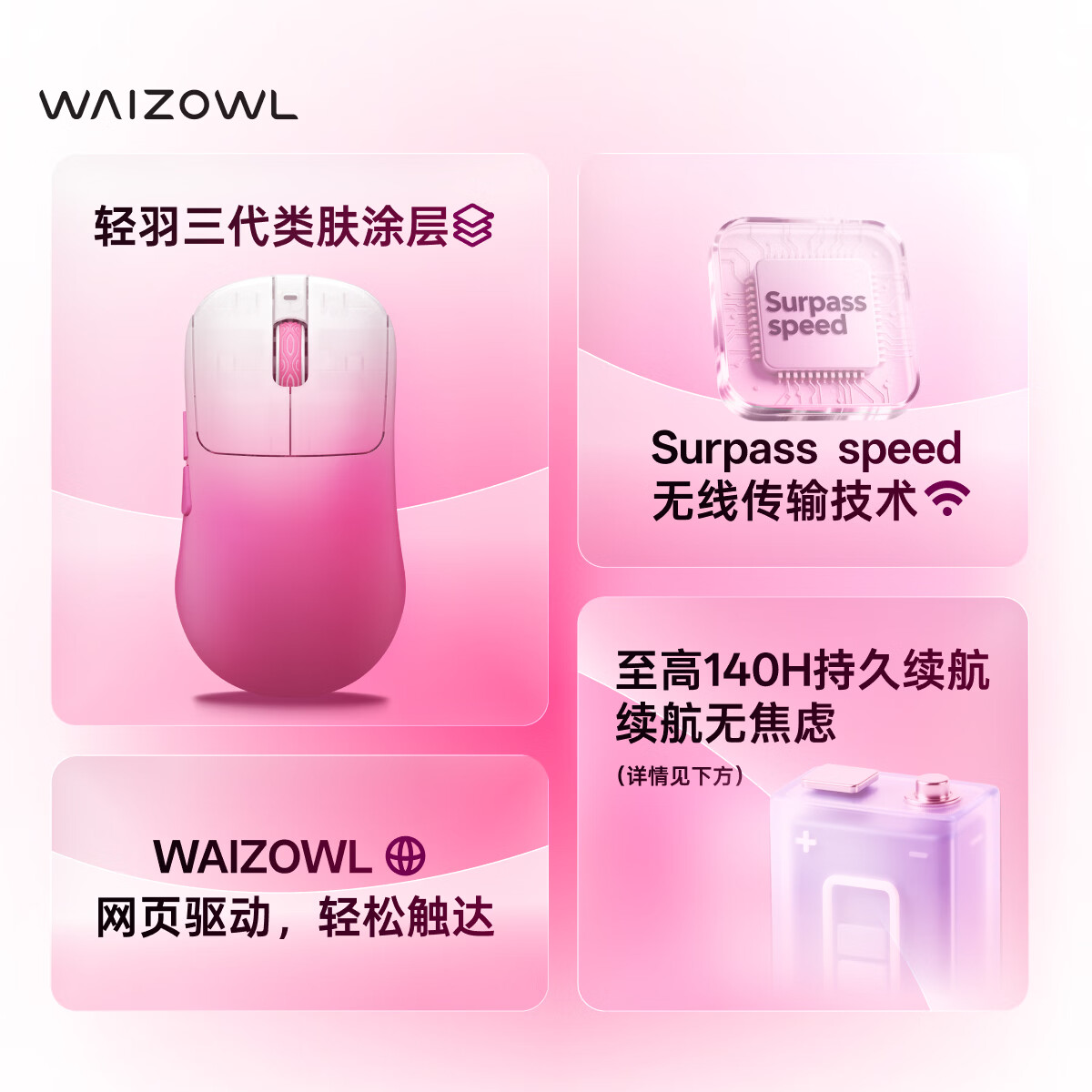 WAIZOWL唯卓 云Cloud XS 3950无线鼠标 对称游戏鼠标 轻量化三模蓝牙 8k电竞鼠标 办公游戏 瓦洛兰特csgo CloudXS丨蔷薇+8k接收器