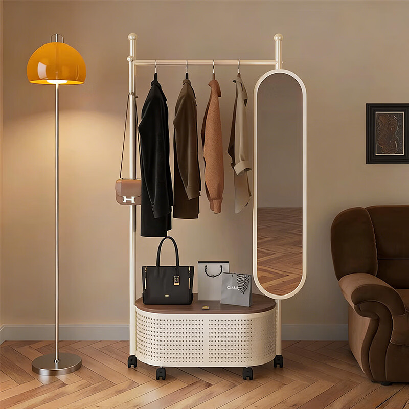 吱凡日本挂衣架落地卧室衣帽架全身镜一体家用穿衣镜可移动衣服置物架 梨花白80cm-原木色盖板【送旋转全身镜】