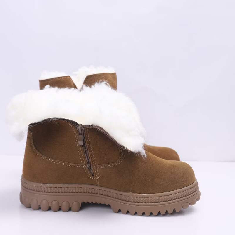 拉链羊毛雪地靴男皮毛一体防滑鞋靴保暖加绒加厚羊毛靴户外高筒靴 【单拉链】牛皮羊毛靴加厚款 45 定制款