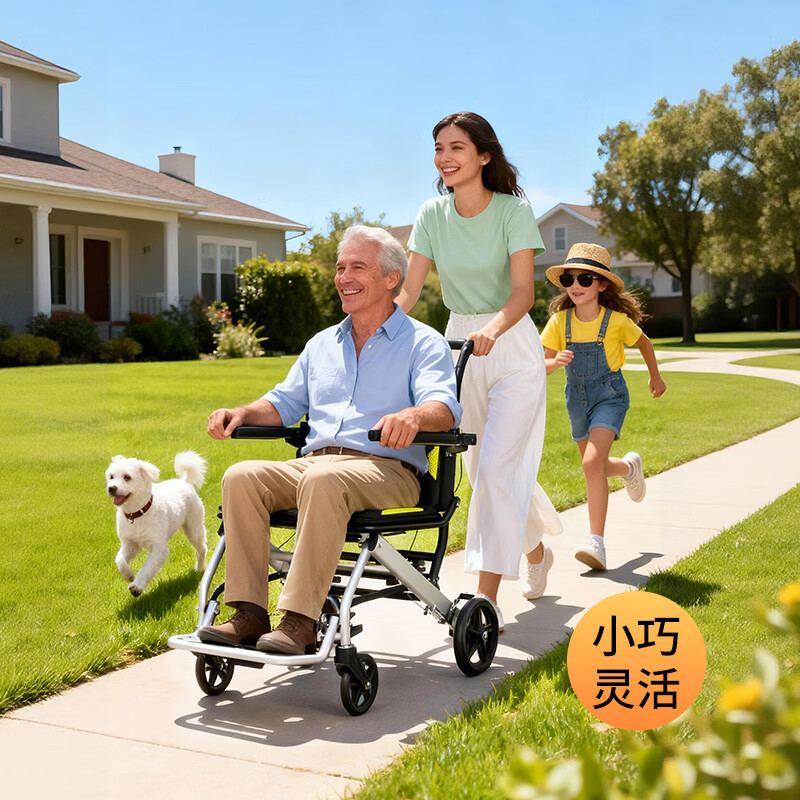 迪护轮椅折叠老人轻便旅行手推车专用出行 超轻便小型便携式可上飞机 02碳钢*8寸实心轮*蜂网坐垫*减震