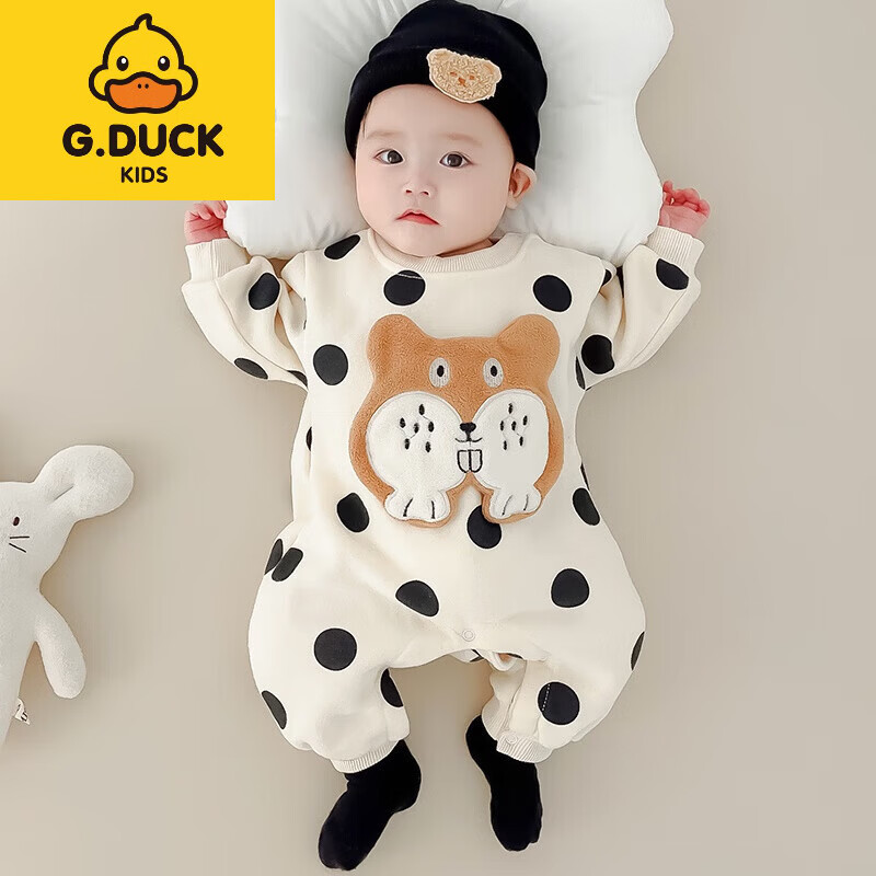 G.duck加绒保暖纯棉男女宝宝连体衣春装秋冬季新生婴儿衣服睡衣外套出穿 白色波点狗 加绒 73