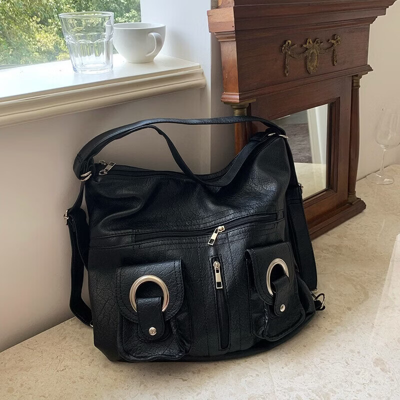 韩版简约个性百搭时髦拉链口袋PU皮托特包单肩包通勤大容量双肩包 黑色