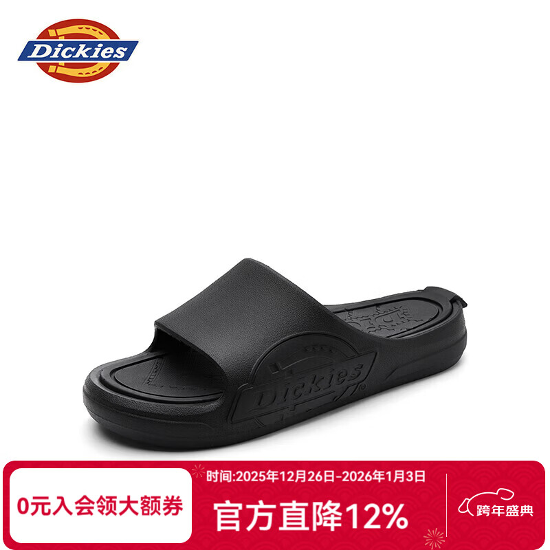 Dickies拖鞋男时尚休闲拖鞋居家户外沙滩轻便潮流一字拖 全黑 37 