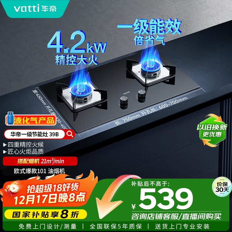 华帝（VATTI）【液化气商品】国家补贴20%燃气灶液化气家用台式嵌入式两用4.2kW大火力煤气灶双灶台灶具i10039