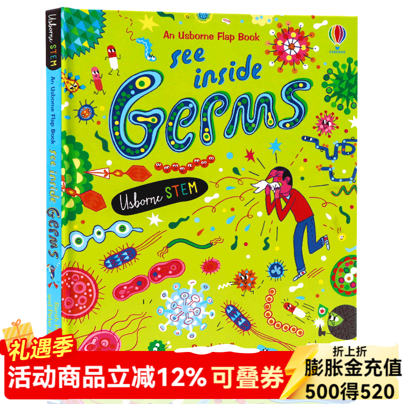 Usborne看里面系列 揭秘细菌 英文原版 See Inside Germs 精装纸板儿童英语启蒙科普立体翻翻书 stem百科科普绘本6岁+尤斯伯恩进口图书