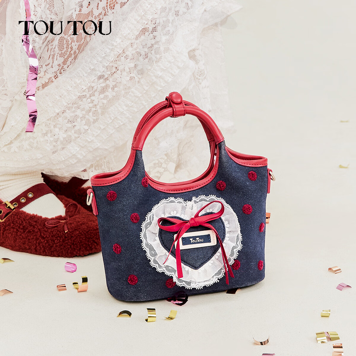 toutou仿牛仔爱心菜篮子托特包斜挎包新款实用生日礼物送女友送礼 深牛仔蓝