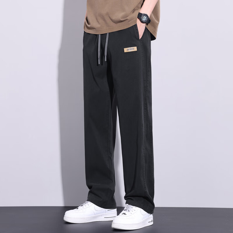 菲世登【两件装】男士莱赛尔夏季超薄透气直筒宽松休闲裤阔腿百搭男裤 【单件】黑色 S 【裤子版型偏大，请按尺码表下单】