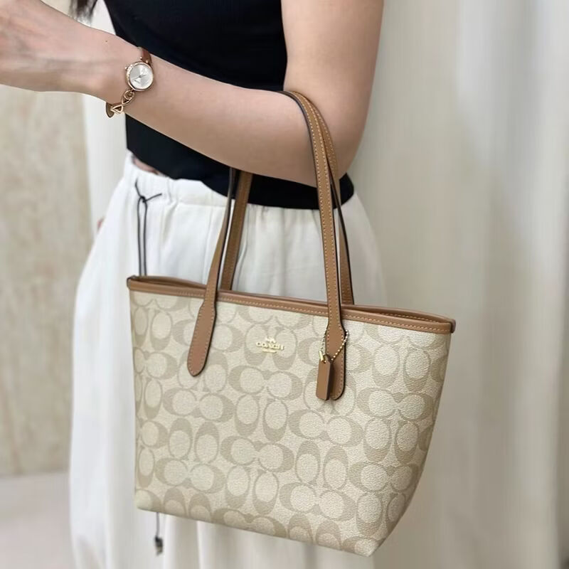 奥莱蔻家City23小托特包经典老花菜篮子单肩手提斜挎通勤时尚女包 老花棕+飞机盒礼袋