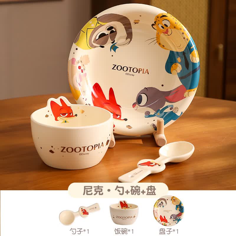 精东家疯狂动物城陶瓷餐具套装高颜值家用早餐杯子儿童专用米饭碗盘勺 尼克3件套B：4.8寸碗+勺子+8英寸盘