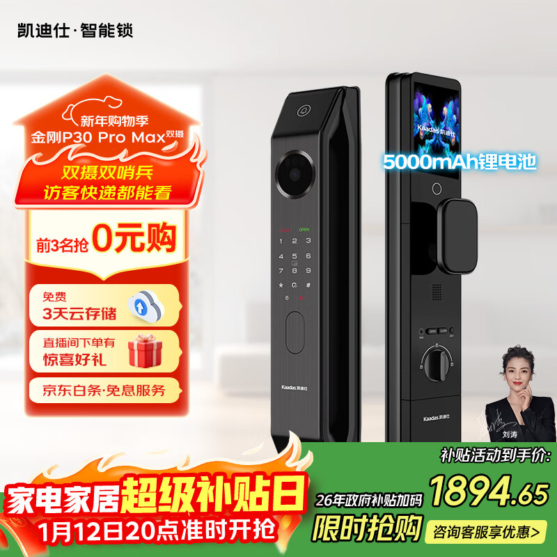 凯迪仕（KAADAS）智能门锁 双摄人脸识别可视猫眼大屏指纹锁 金刚P30 Pro Max双摄
