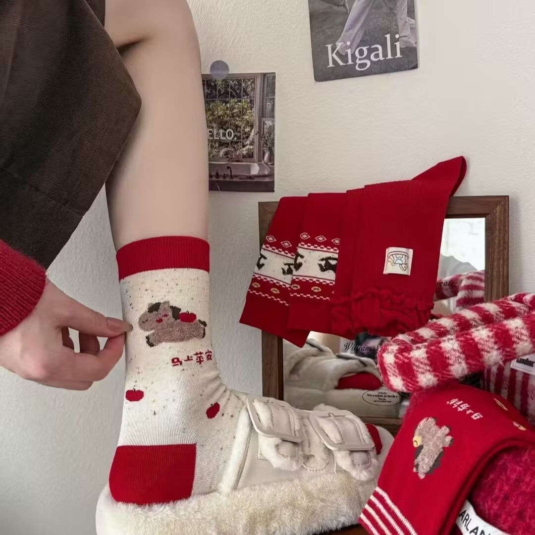 小红书同款新年红袜AA 马上平安+马上有钱+费尔岛马3双装 秋冬红色费尔岛袜子运动ins
