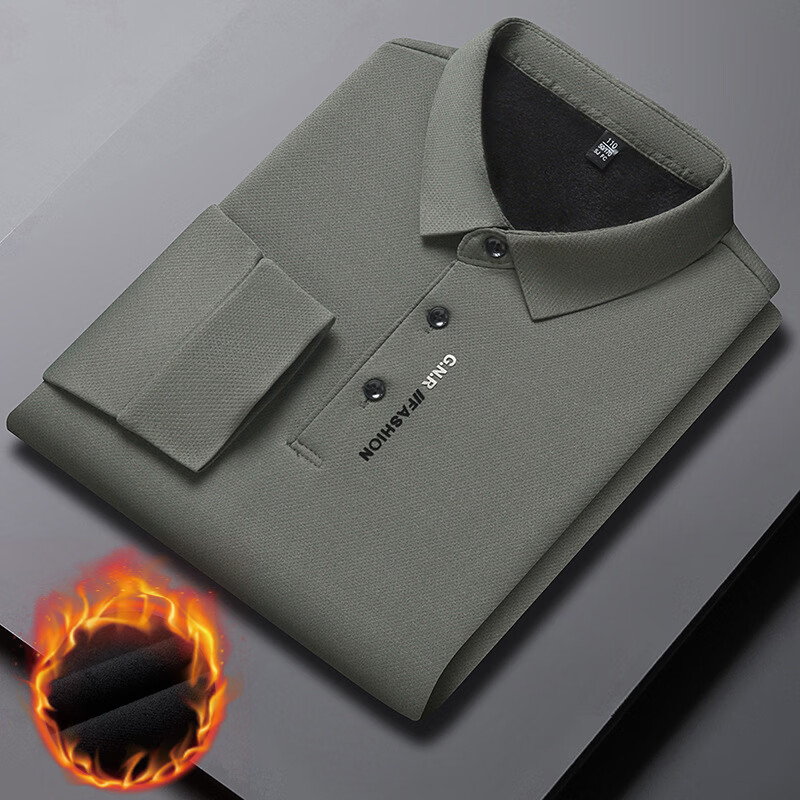 WAMLBN秋冬季男士长袖加绒中年翻领打底polo衫爸爸装 卡其 L 170/【建议115-130斤】