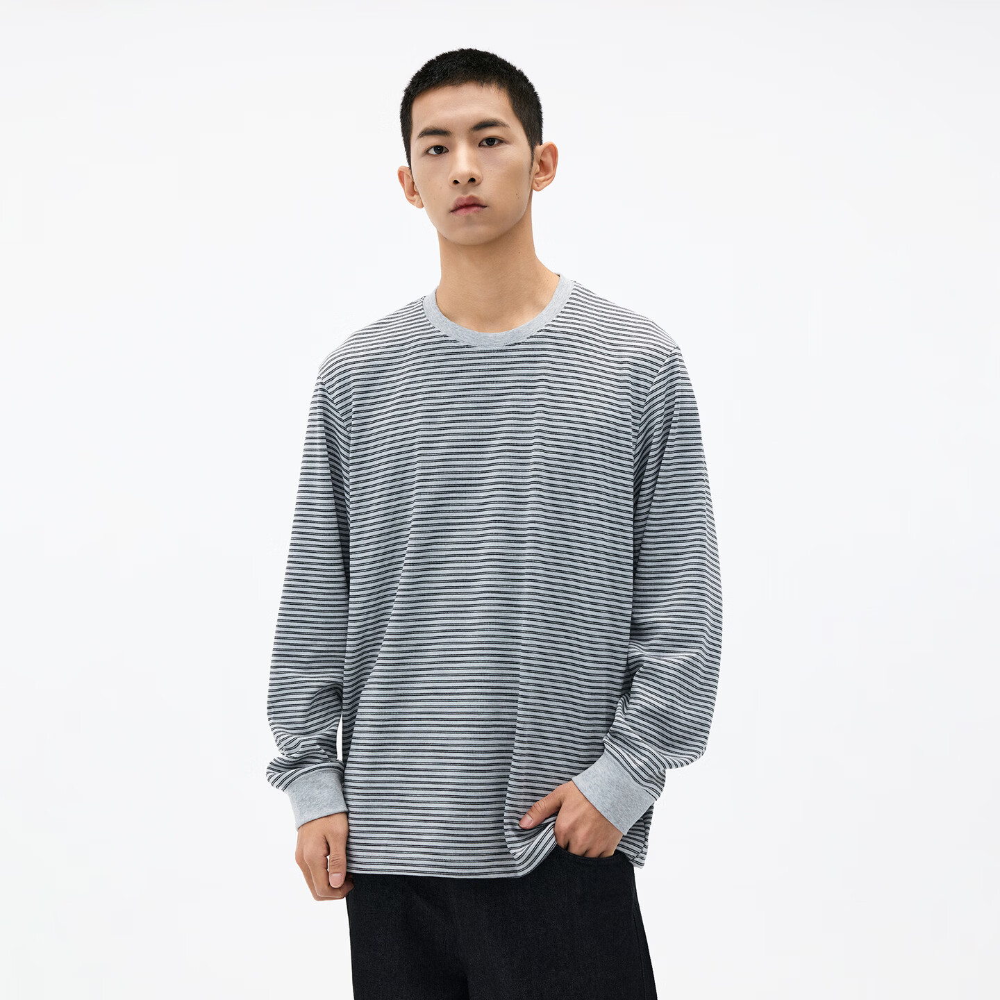 熊猫·本（ben.panda）撞色细条纹圆领长袖T恤男款高弹宽松休闲上衣2026春季 灰色条纹 S