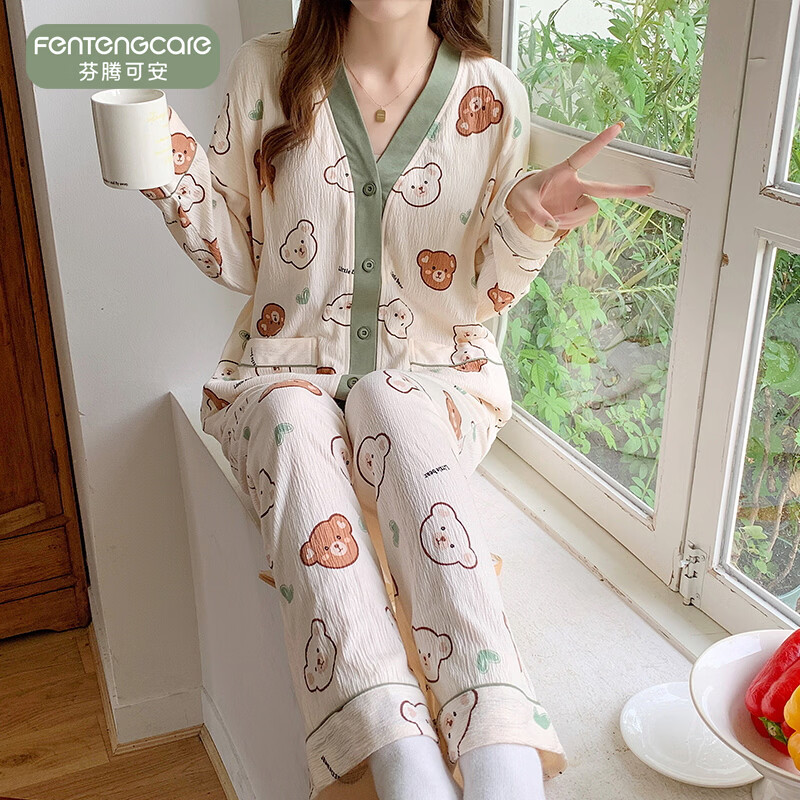芬腾可安（FENTENGCARE）【AA】秋季睡衣女带胸垫长袖开衫卡通可爱家居服防凸点套装冬 46040【带胸垫套装】 XXL【135-155斤】
