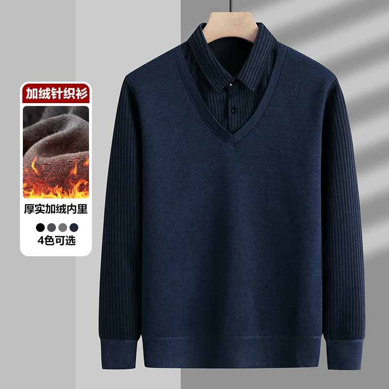 MDODC秋冬季加绒加厚男士假两件毛衣一体绒针织衫衬衫领商务毛衣线衫潮 藏青色 加绒 5XL 体重185-195