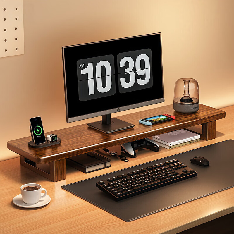 馨婺家台式电脑显示器底座增高架实木办公桌面隔板置物架收纳架支撑架子 胡桃色40*20【进口加厚实木】