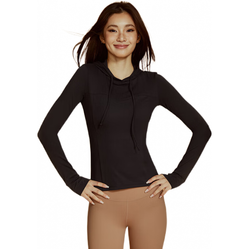 暴走的蘿莉(sylphlike loli)速干瑜伽服女健身服普拉提連帽跑步訓練服運動上衣T恤 雅致黑 S