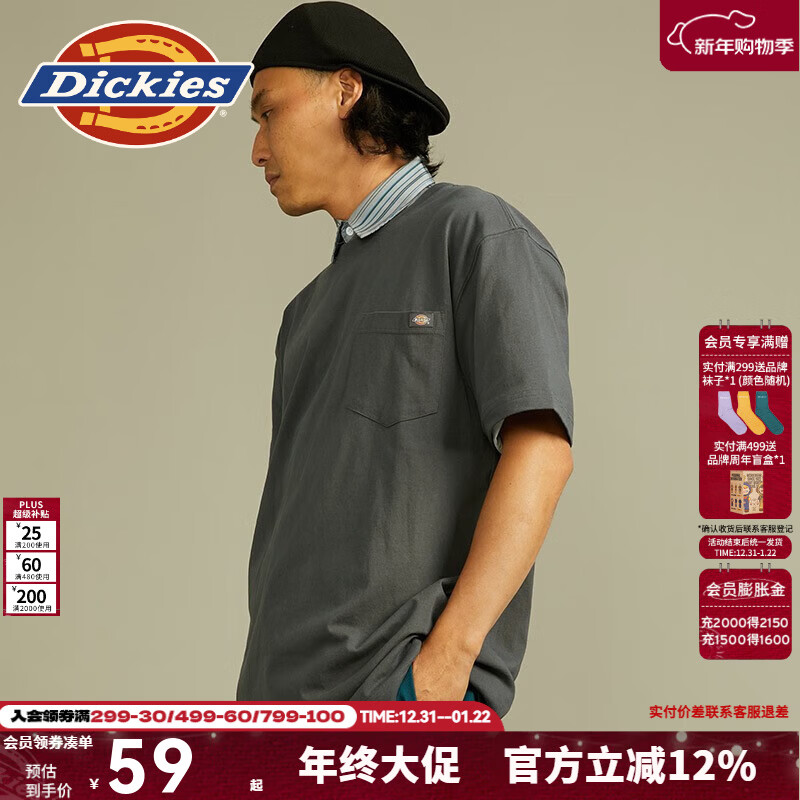Dickies短袖T恤 简约小LOGO男式棉舒适宽松上衣 t恤男DK012306 深灰色 (宽松版型) L