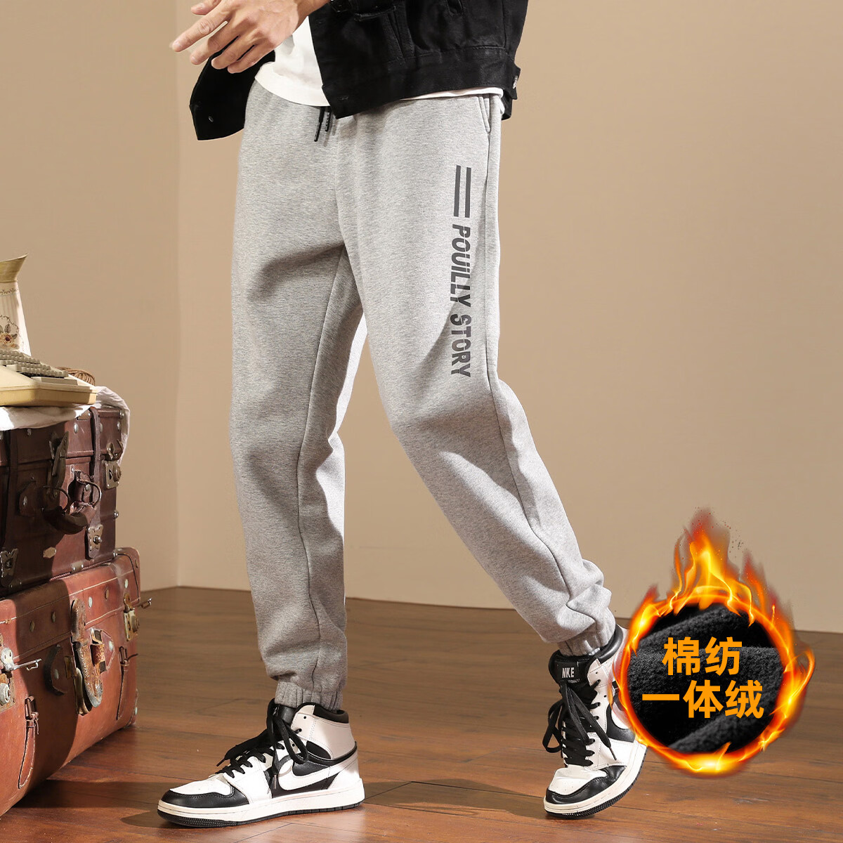 布衣传说休闲字母印花弹力舒适棉感一体绒加绒针织裤卫裤运动裤 麻灰 L