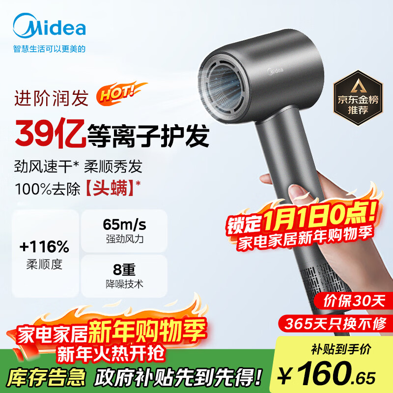 美的（Midea）高速吹风机 39亿等离子护发 家用负离子吹风筒 杀菌除头螨电吹风FG208灰 国家补贴 新年礼物推荐
