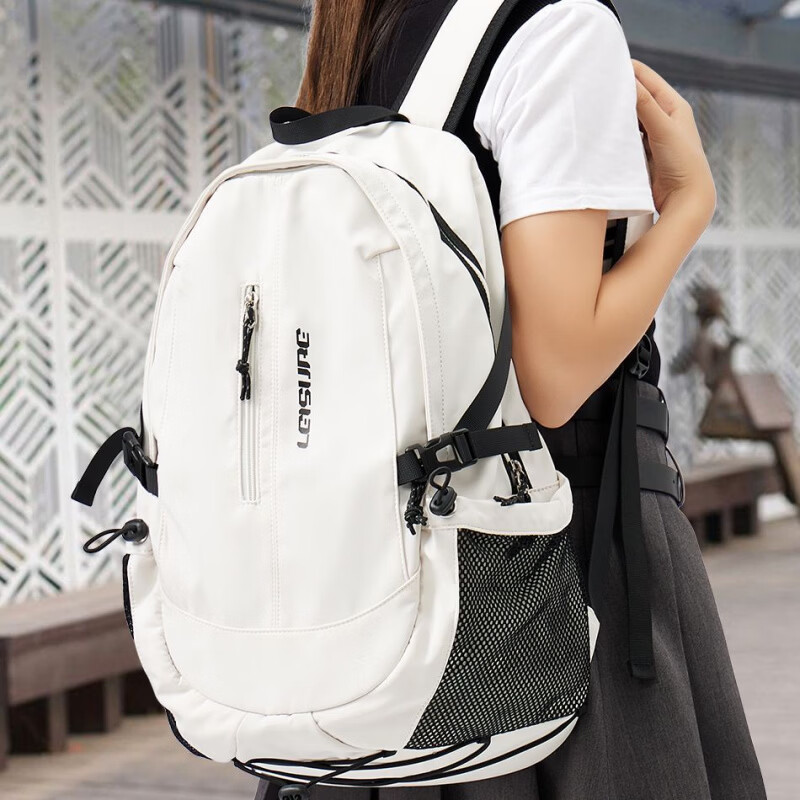 輕騎者初高中雙肩包女書包男大學生潮牌大容量電腦背包百搭旅行包 白色小號初中款