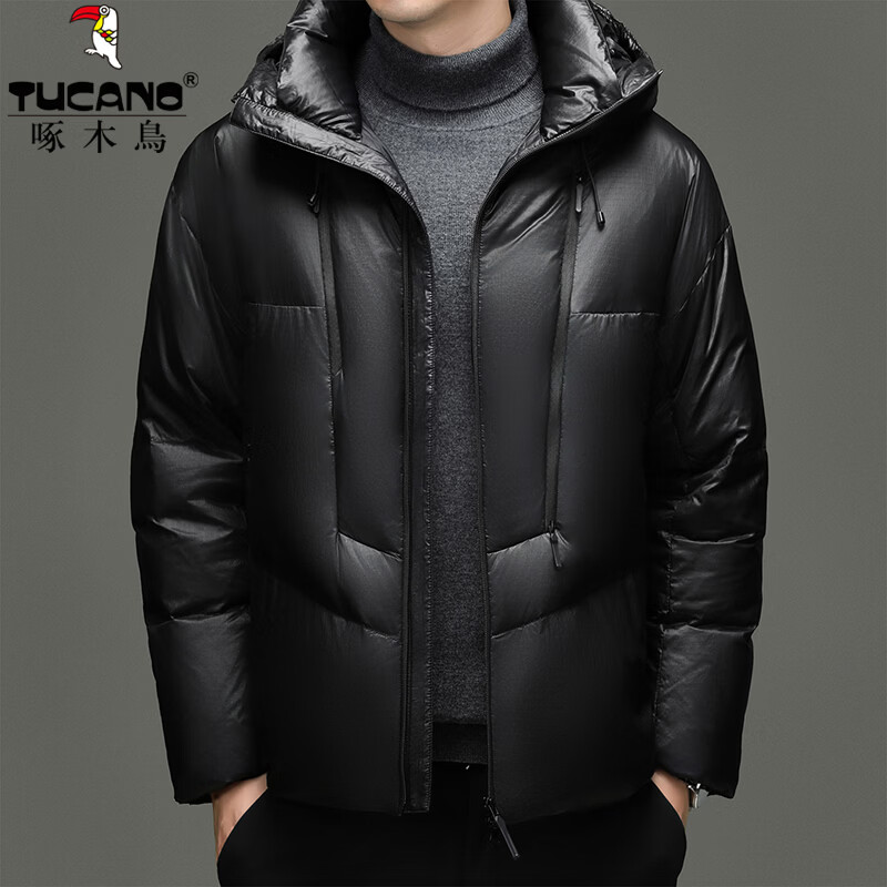 啄木鸟（TUCANO）羽绒服男短款连帽加厚保暖鸭绒外套2025冬季最新款时尚御寒面包服 灰色 L (175) 推荐135-150斤