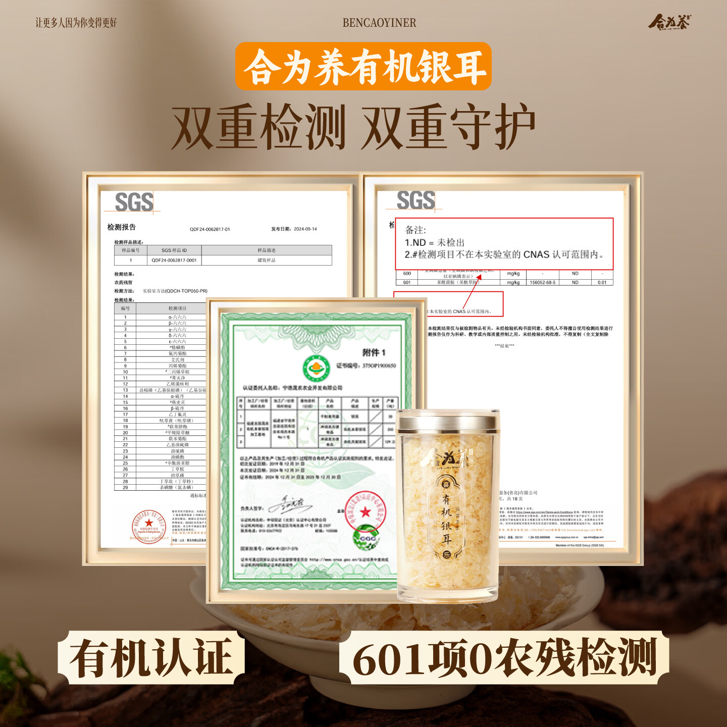 合为养本草栽培有机银耳正品免洗免煮冲泡即食银耳羹营养早餐滋补品 有机银耳 80g*1罐