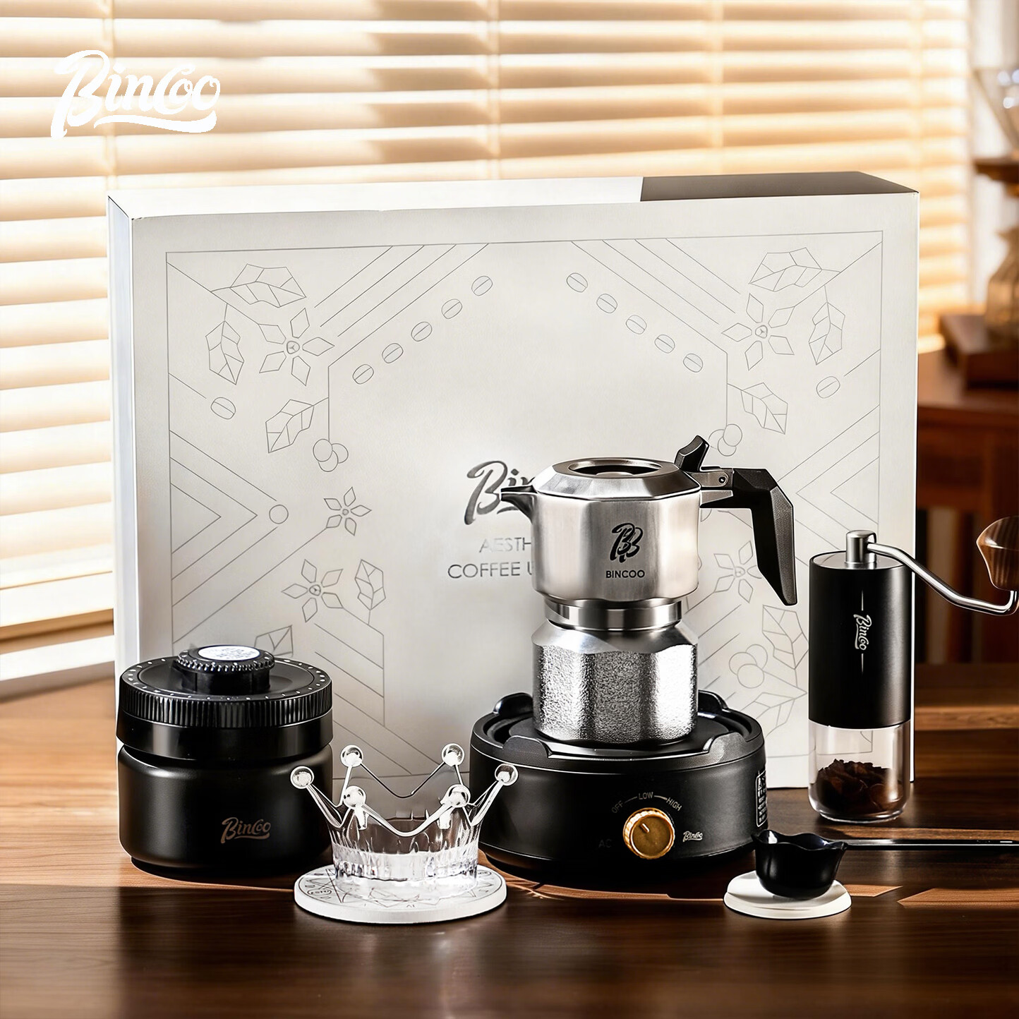 Bincoo三阀316不锈钢摩卡壶礼盒套装结婚生日送礼甄选 B款银色八件套【钢芯】-电陶炉版