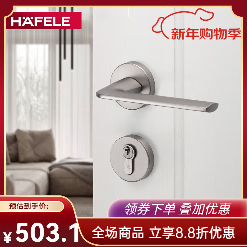 hafele德國海福樂HAFELE臥室房門靜態(tài)門把手鍍鎳拉絲現(xiàn)代簡約門執(zhí)手鎖具 帶鑰匙